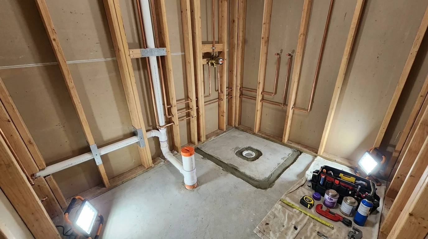Bathroom rough-in plumbing during remodel by Johns Plumbing LLC in Aledo