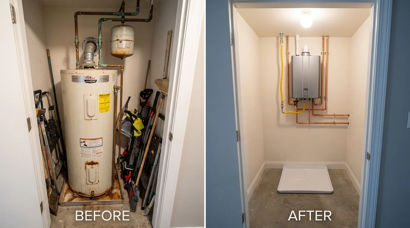 Tank water heater versus wall-mounted tankless unit comparison for Aledo, IL homeowners