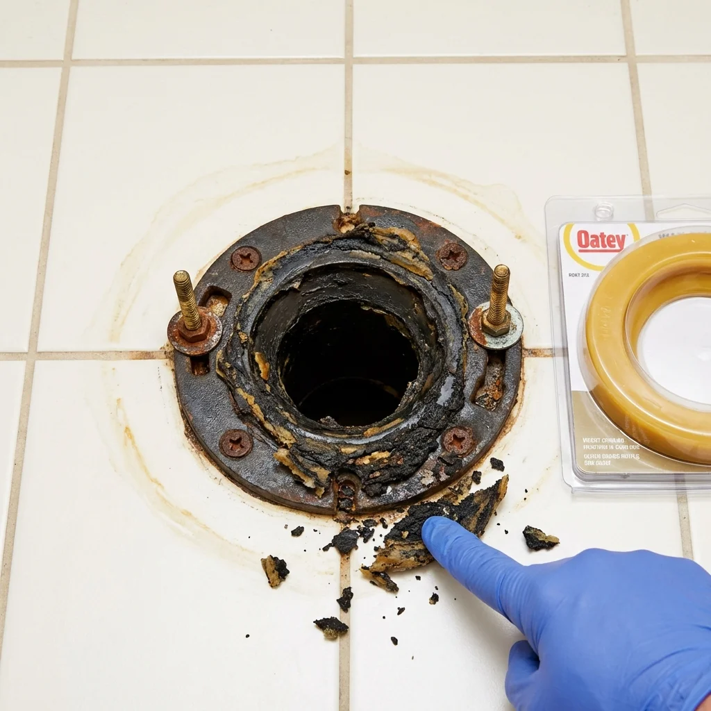 Failed wax ring showing water seepage at the base of a toilet in a Aledo, IL home