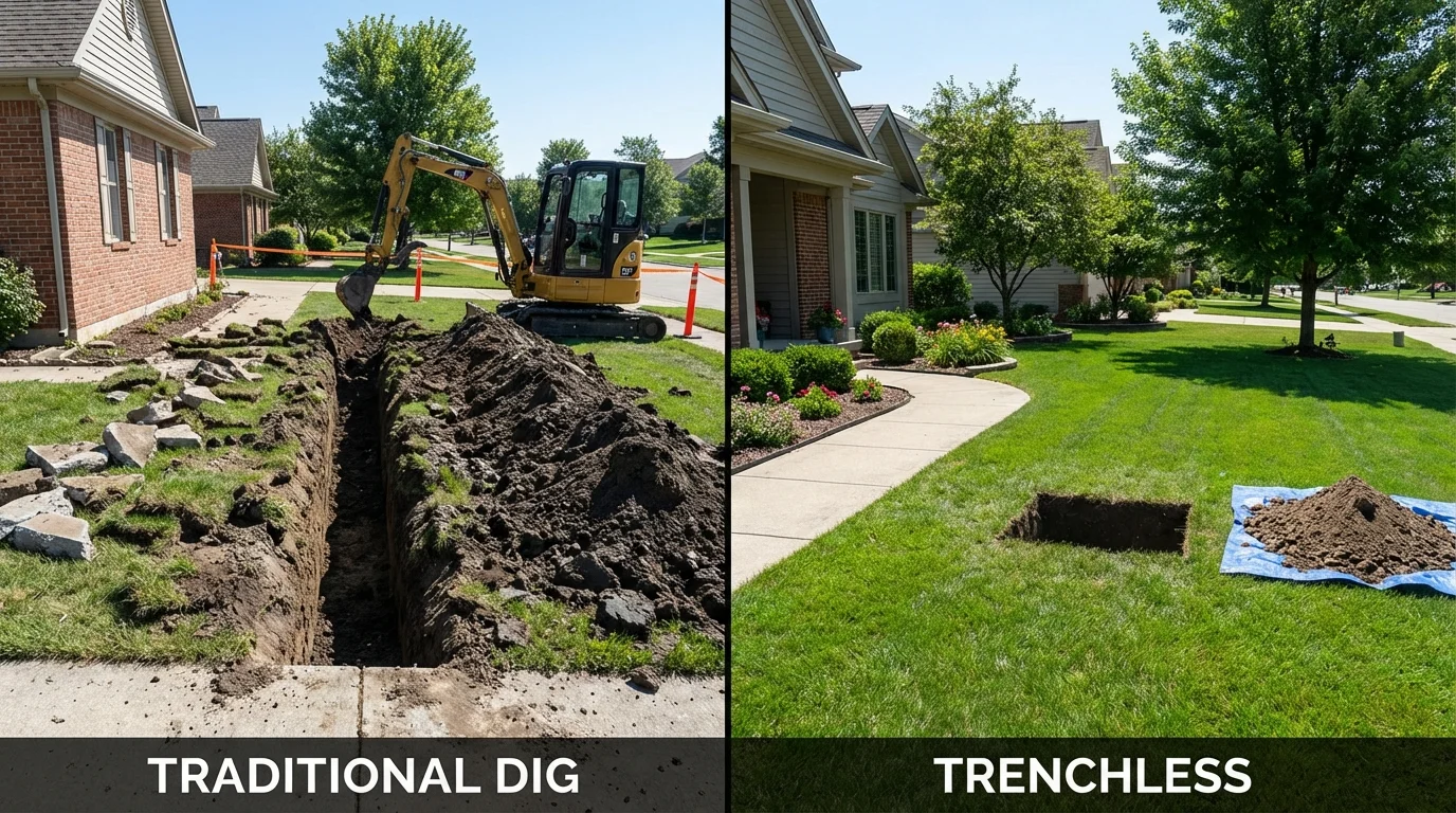 Trenchless sewer repair with minimal yard damage versus traditional excavation in Aledo, IL