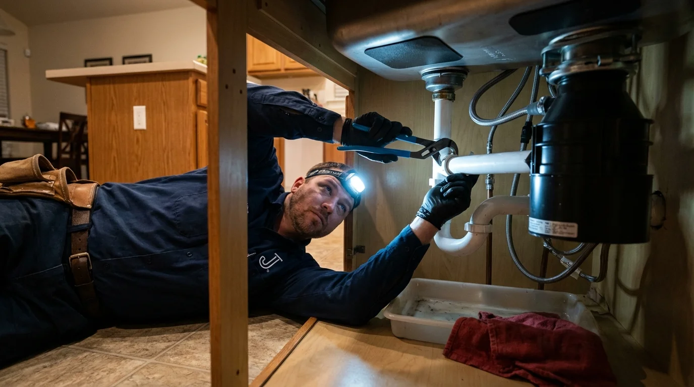 P-trap and supply line connections under a kitchen sink showing a common leak point in Aledo, IL